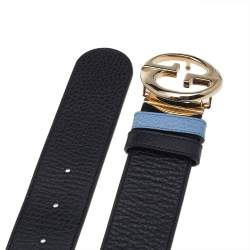 مملوكة مسبقًا حزام غوتشي جلد أسود/أزرق 1973 بوجهين 90 سم