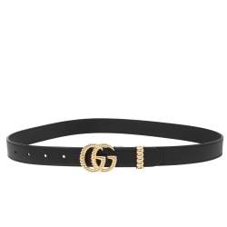 Women's Slim Black Leather Belt With Double G Buckle