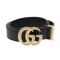 Pre Owned Gucci Black Leather Torchon Double G Buckle Belt 80CM