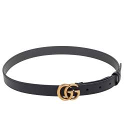 مملوكة مسبقًا Gucci Black Leather GG Marmont Buckle Narrow Belt 75CM