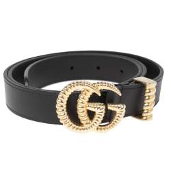 Pre Owned حزام غوتشي رفيع إبزيم حرف جي مزدوج تورشون جلد أسود مقاس 85 سم