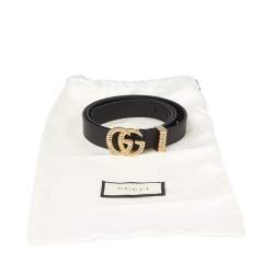Pre Owned حزام غوتشي رفيع إبزيم حرف جي مزدوج تورشون جلد أسود مقاس 85 سم