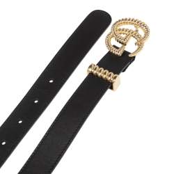 Pre Owned حزام غوتشي رفيع إبزيم حرف جي مزدوج تورشون جلد أسود مقاس 85 سم