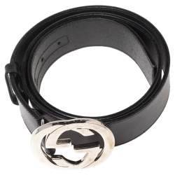 Pre Owned Gucci Black Leather Interlocking G Buckle Belt 85CM