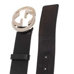 Pre Owned Gucci Black Leather Interlocking G Buckle Belt 85CM