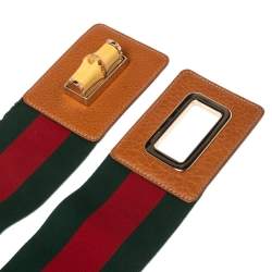 Pre Owned Gucci Green/Red Elastic and Leather Web Bamboo Waist Belt 75CM