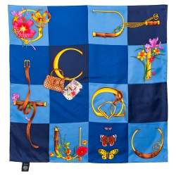مملوكة مسبقًا Gucci Blue Multi Icon Print Silk Scarf