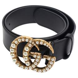 Pre Owned Gucci Black Leather Torchon Double G Buckle Belt 80CM