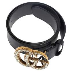 Pre Owned Gucci Black Leather Torchon Double G Buckle Belt 80CM