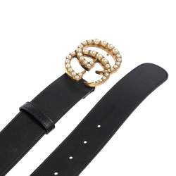 Pre Owned Gucci Black Leather Torchon Double G Buckle Belt 80CM