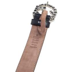 Pre Owned Gucci Black Leather Crystal Embellished Interlocking G Buckle Belt 85CM