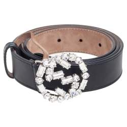 Pre Owned Gucci Black Leather Crystal Embellished Interlocking G Buckle Belt 85CM