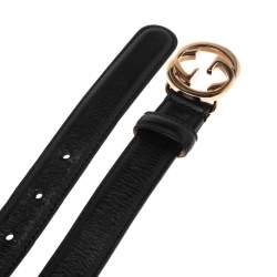 مملوكة مسبقًا حزام غوتشي G متداخلة جلد أسود رفيع 85 سم