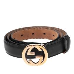 مملوكة مسبقًا حزام غوتشي G متداخلة جلد أسود رفيع 85 سم