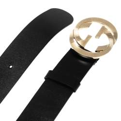 مملوكة مسبقًا حزام غوتشي جلد أسود  G متداخلة 85 سم