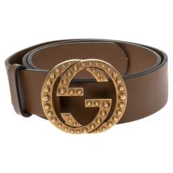 Pre Owned Gucci Brown Leather Interlocking GG Buckle Belt 90 CM