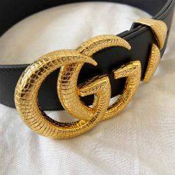 Pre Owned Gucci Black/Gold Leather Snake Effect Belt 85/34