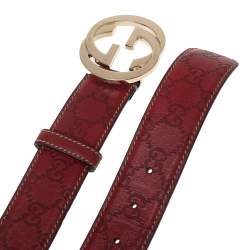 مملوكة مسبقًا حزام غوتشي جلد غوتشيسيما أحمر بإبزيم حرف جي متداخل 100 سم