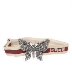 Pre Owned حزام خصر غوتشي كريمي / أحمر مرن بفراشة مزينة بالكريستال  85 سم