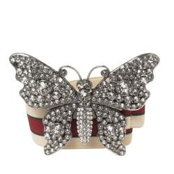 Pre Owned حزام خصر غوتشي كريمي / أحمر مرن بفراشة مزينة بالكريستال  85 سم