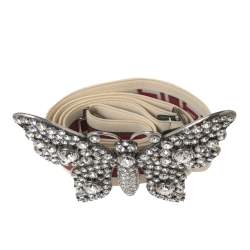 Pre Owned حزام خصر غوتشي كريمي / أحمر مرن بفراشة مزينة بالكريستال  85 سم