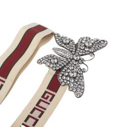 Pre Owned حزام خصر غوتشي كريمي / أحمر مرن بفراشة مزينة بالكريستال  85 سم