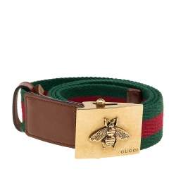 مملوكة مسبقًا حزام غوتشي بي بلاغ  بني / أخضر جلد وشريط بنمط ويب بإبزيم 80 سم