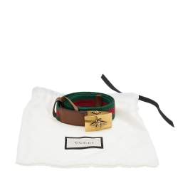 مملوكة مسبقًا حزام غوتشي بي بلاغ  بني / أخضر جلد وشريط بنمط ويب بإبزيم 80 سم