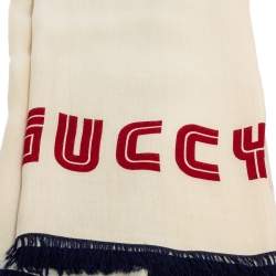 Pre Owned Gucci Cream Silk Modal Guccy Print Web Striped Shawl