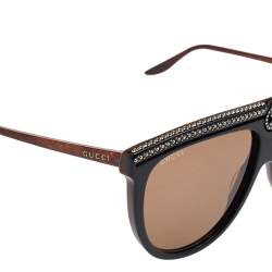 Pre Owned Gucci Black/Marbled Brown/ Brown GG0732S Pilot Sunglasses