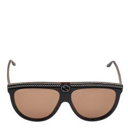 Pre Owned Gucci Black/Marbled Brown/ Brown GG0732S Pilot Sunglasses