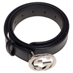 مملوكة مسبقًا Gucci Black Leather Interlocking G Buckle Belt 90CM