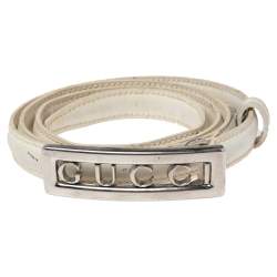 Pre Owned Gucci White Leather Logo Plague Slim Belt 85CM