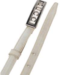 Pre Owned Gucci White Leather Logo Plague Slim Belt 85CM