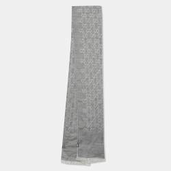 Gucci Grey Monogram Wool Studded Fringed Scarf Gucci