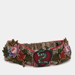 Pre Owned Gucci Beige Snake & Floral Patch Limited Edition Silk Head Band
