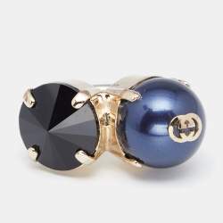 Pre Owned خاتم كوكتيل غوتشي معدن ذهبي اللون ولؤلؤ مزدوج الوجه مقاس 9