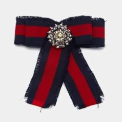 Pre Owned Gucci Blue and Red Crystal Web Grosgrain Bow Brooch