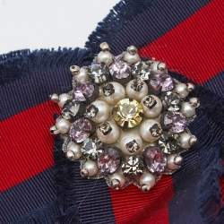 Pre Owned Gucci Blue and Red Crystal Web Grosgrain Bow Brooch