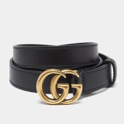 Pre Owned Gucci Black Leather Double G Buckle Slim Belt 80CM