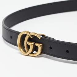 Pre Owned Gucci Black Leather Double G Buckle Slim Belt 80CM