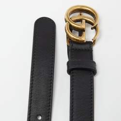 Pre Owned Gucci Black Leather Double G Buckle Slim Belt 80CM