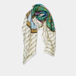 Pre Owned Gucci Cream Loved Peacock Print Fringed Silk Scarf
