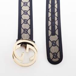 مملوكة مسبقًا Gucci Navy Blue/Beige GG Canvas and Leather Interlocking G Buckle Belt 85CM