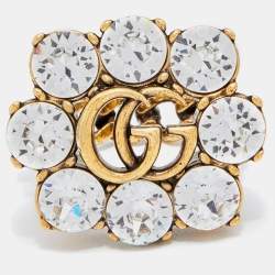 Pre Owned خاتم غوتشي حرف جي مزدوج كريستال ومعدن ذهبي اللون مقاس متوسط (ميديوم)