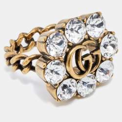 Pre Owned خاتم غوتشي حرف جي مزدوج كريستال ومعدن ذهبي اللون مقاس متوسط (ميديوم)