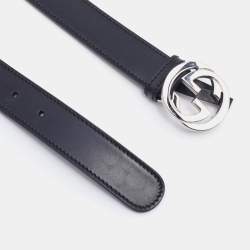 Pre Owned Gucci Black Leather Interlocking G Buckle Belt 85 CM