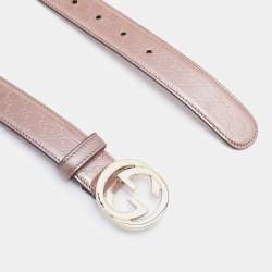 مملوكة مسبقًا Gucci Metallic Beige Micro Guccissima Patent Leather Interlocking G Belt 85 CM