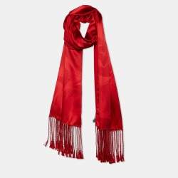 Pre Owned Gucci Red Marble Print Silk Satin Fringed Shawl