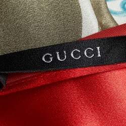 Pre Owned Gucci Red Marble Print Silk Satin Fringed Shawl